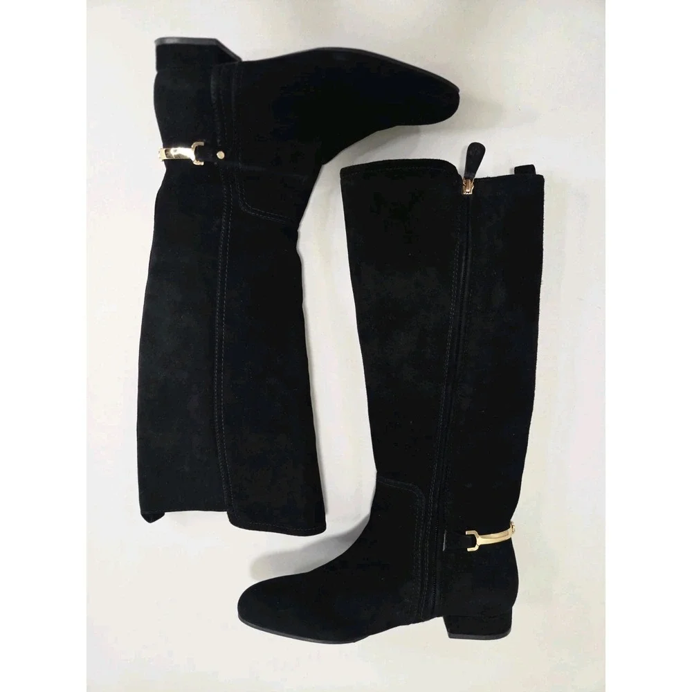 Tory Burch Black Suede Riding Boots Gold Logo Hardware Women's Size 8M Knee High